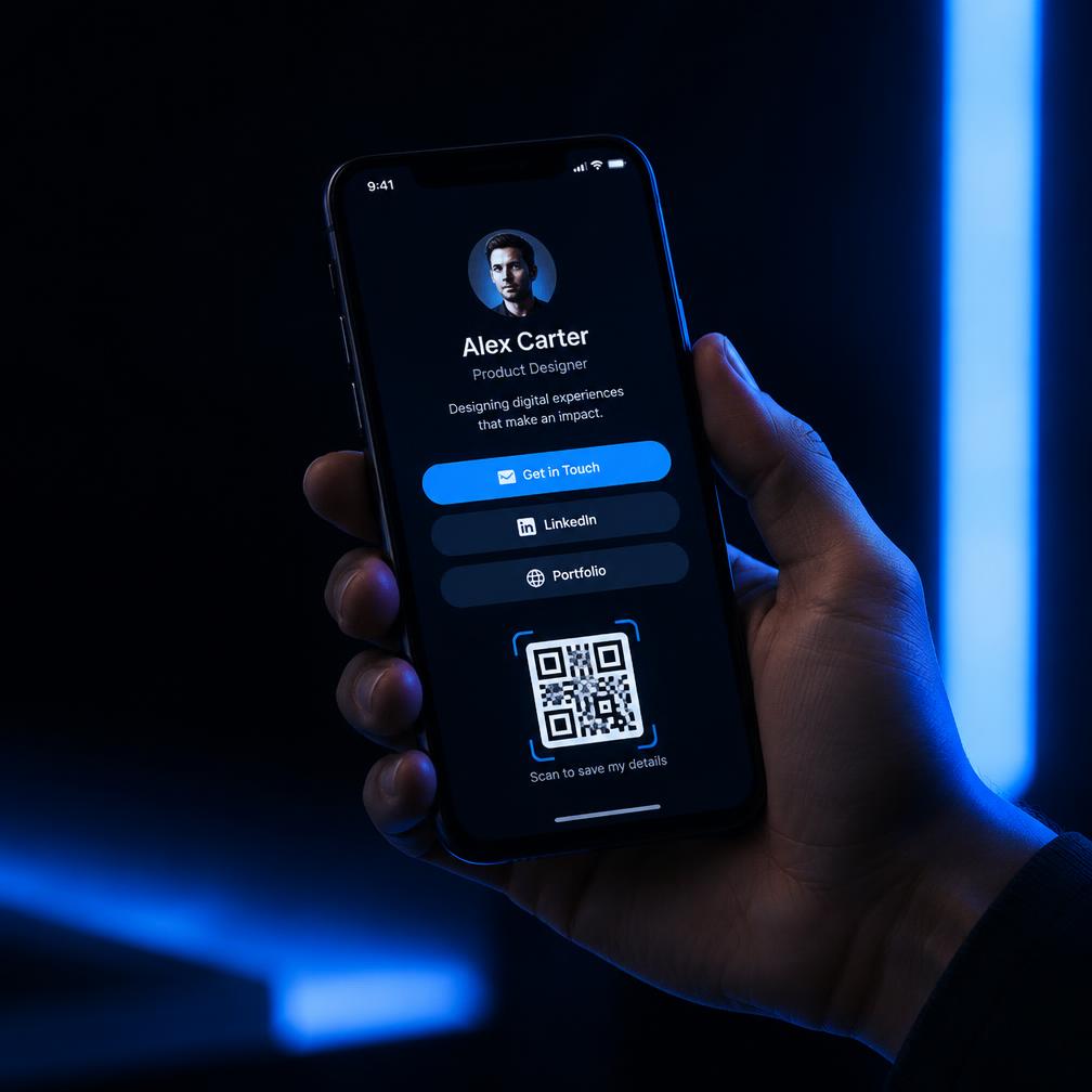 Celular exibindo uma página Opera Bio com QR Code